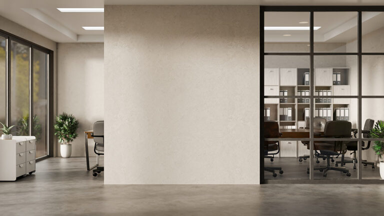 3D Office interior with blank wall and meeting room, Minimal corporate workspace with empty poster mockup.